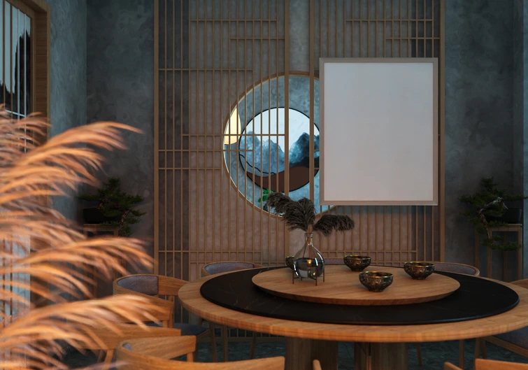 Circular Mirror Reflecting Dining Table A stylish circular mirror mounted on a wall reflecting a dining table setup.