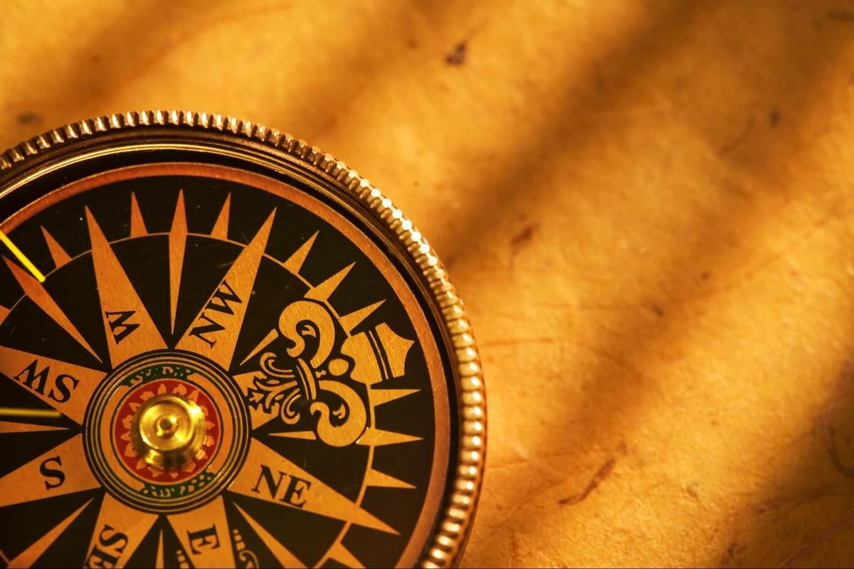 Traditional Feng Shui Compass Close-up of a golden traditional Feng Shui Luopan compass used for determining Bagua map orientation.