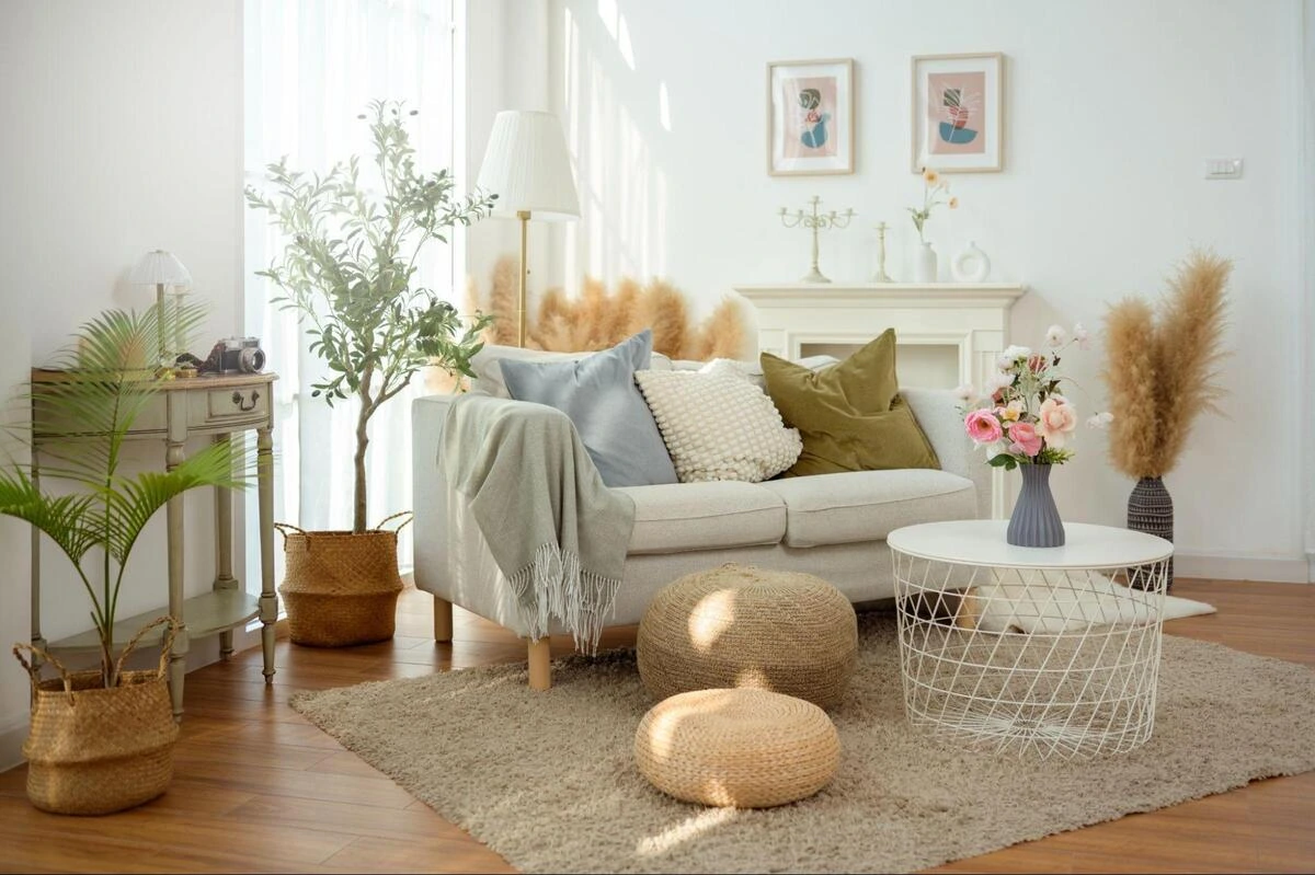 Feng Shui Services in Singapore - Harmonized Modern Living Room Sanctuary A beautifully balanced modern living room with a cream sofa, natural wooden flooring, earth-toned cushions, and vibrant indoor potted plants, arranged using professional feng shui services in Singapore to transform a high-rise residential apartment into a restorative sanctuary of positive energy.