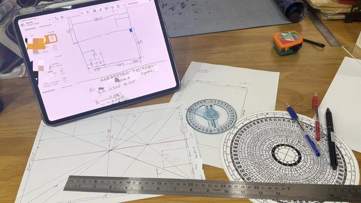 Feng Shui Singapore - Home Layout Analysis and Luo Pan Compass Calculations echnical home layout analysis and floor plan sectoring on a digital tablet alongside a traditional circular Luo Pan magnetic compass, geometric protractor, and architectural scale ruler by a professional feng shui Singapore specialist to calculate cosmic flying stars for an urban flat.