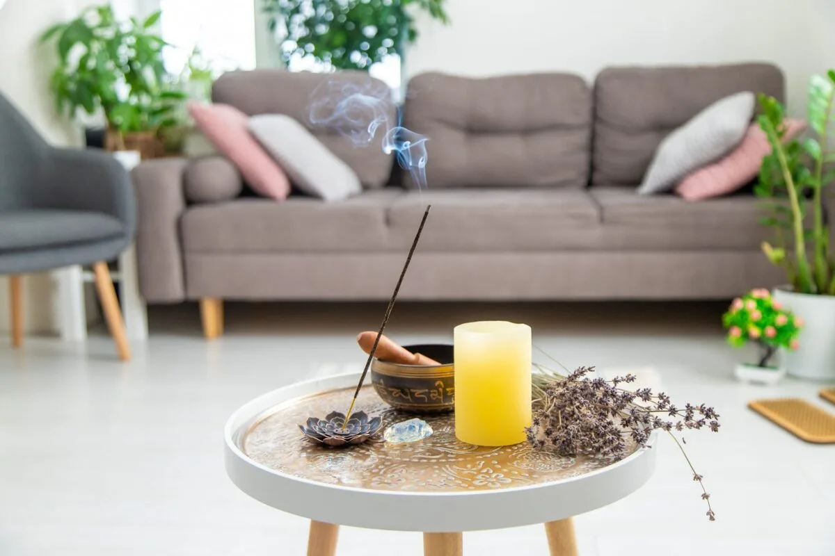 A calm Singapore living room with incense, a singing bowl and natural light