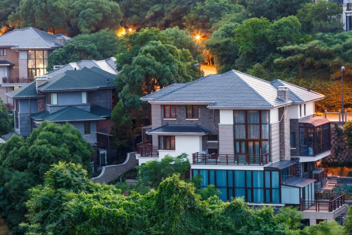 Houses set among lush greenery on sloped land at dusk